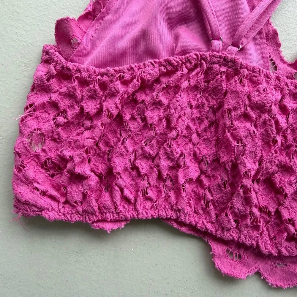 Willow & Root Womens L Magenta Pink Floral Lace Bralette Smocked Adjustable Boho